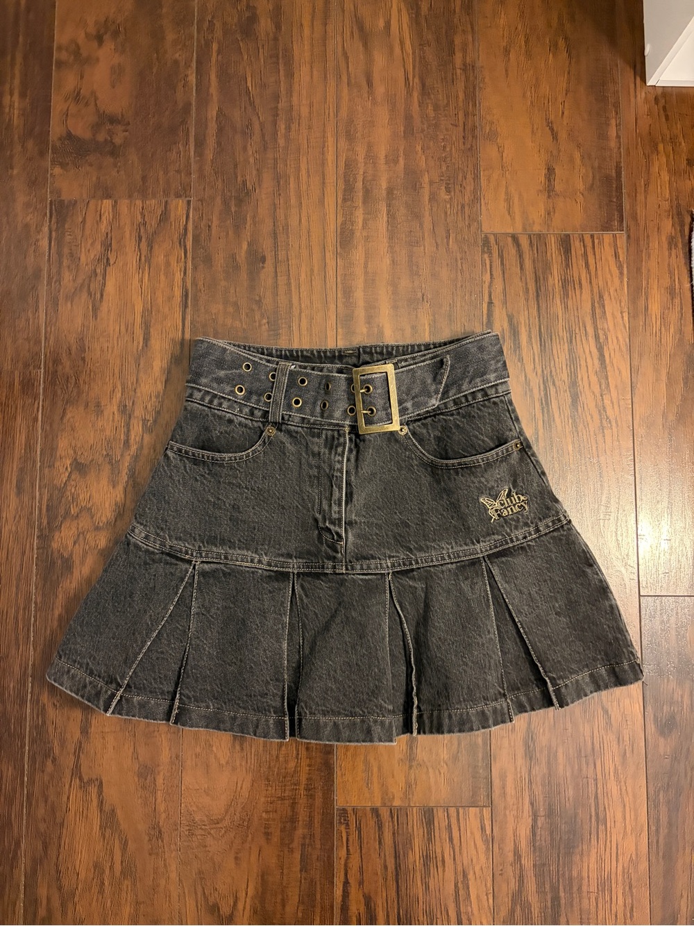 Washed Black Denim Pleated Mini Skirt with Belt